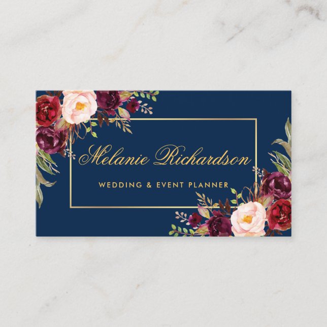 Carte De Visite Aquarelle Florale Bourgogne Marsala Blue Gold (Devant)