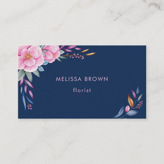 Carte De Visite Aquarelle florale couleur bleu bleu marine (Devant)