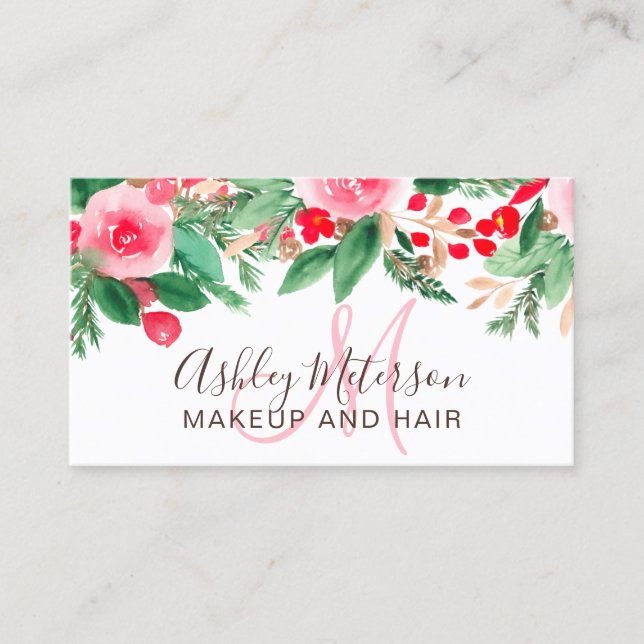 Carte De Visite Aquarelle florale d'hiver cheveux de maquillage ch (Devant)