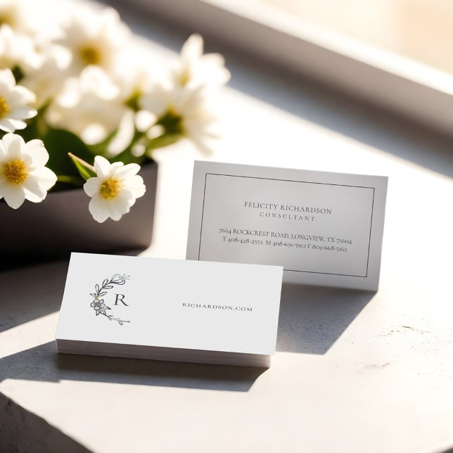 Carte De Visite Aquarelle florale grise Elégante Crête botanique (Grey Elegant Floral Watercolor Botanical Crest Business Card)