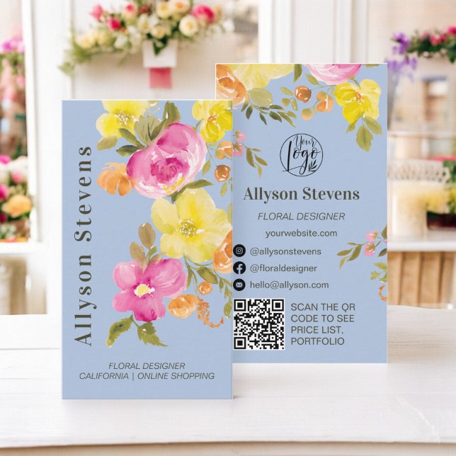 Carte De Visite Aquarelle florale moderne ardoise bleu logo qr cod (Modern floral watercolor slate blue logo qr code business card)