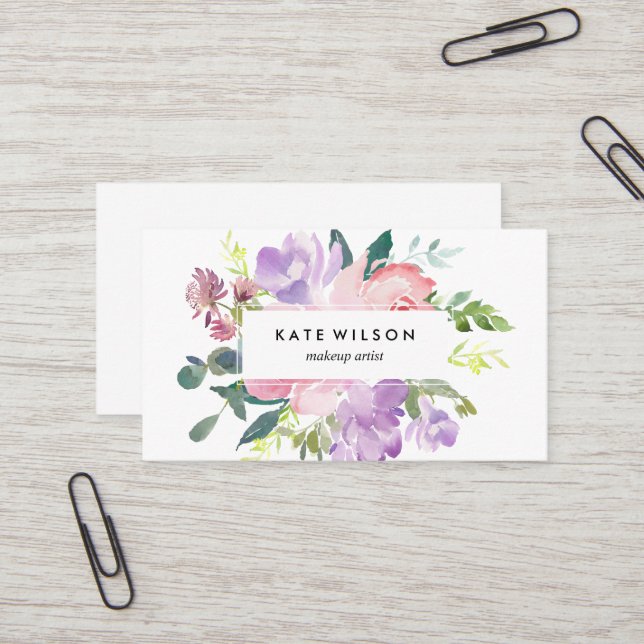 Carte De Visite Aquarelle florale moderne Fleur violet rose (Devant/Arrière en situation)