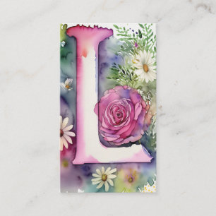 Carte De Visite Aquarelle florale monogramme L Daisy Code QR Logo
