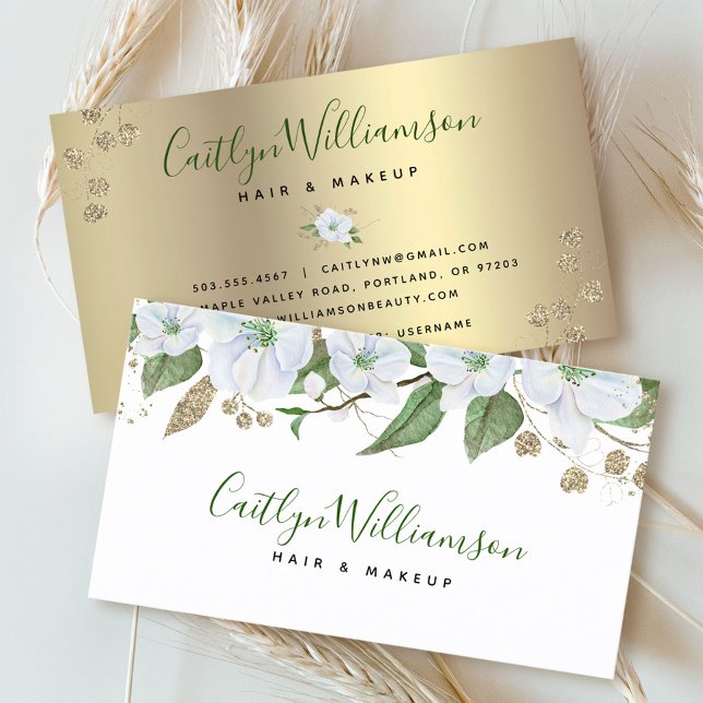 Carte De Visite Aquarelle Florale Script élégant Or Blanc Moderne (Créateur téléchargé)