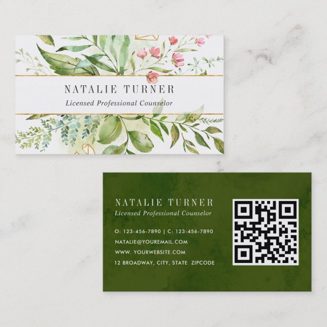 Carte De Visite Aquarelle Foliole vert sauvage avec code QR (Devant / Derrière)