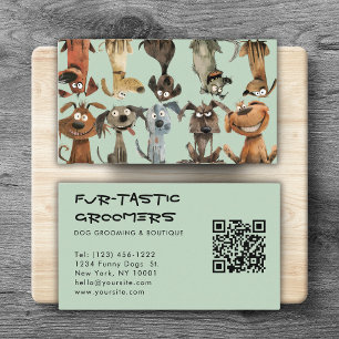 Carte De Visite Aquarelle Funny Chien Groomers Boutique QR Code