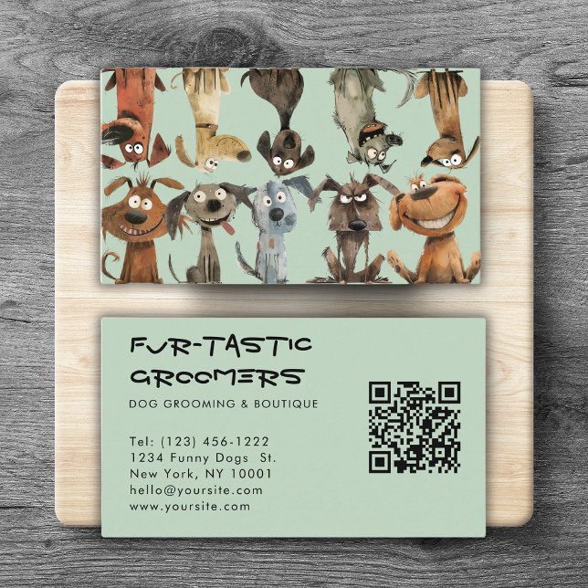 Carte De Visite Aquarelle Funny Chien Groomers Boutique QR Code (Créateur téléchargé)