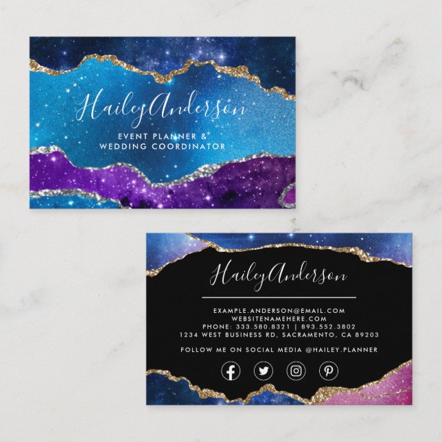 Carte De Visite Aquarelle Galaxy & Parties scintillant Or Aquarell (Devant / Derrière)