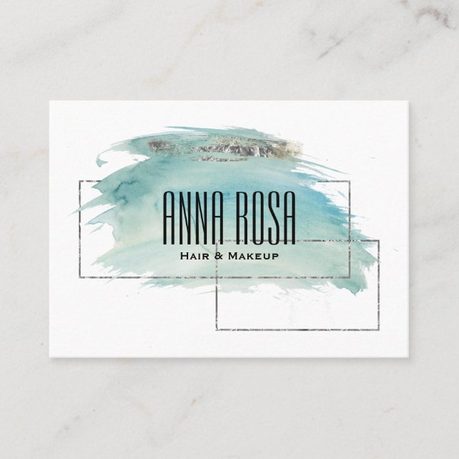 Carte De Visite Aquarelle Girly argentée géométrique de turquoise (Devant)