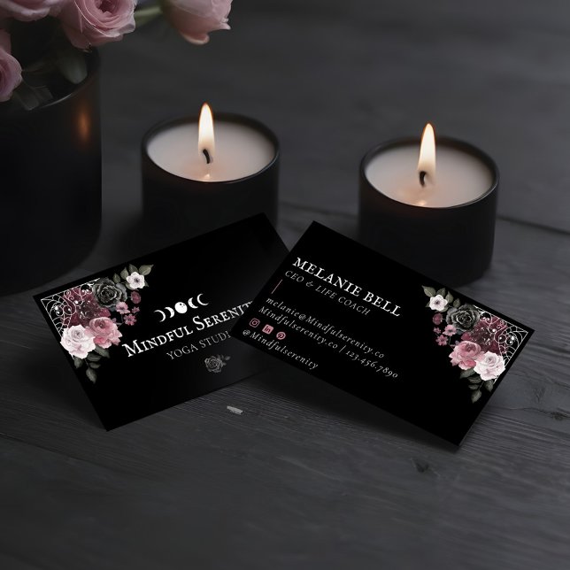 Carte De Visite Aquarelle gothique noire Floral Wellness holistiqu (Black Gothic Watercolor Floral Holistic Wellness Business Card)