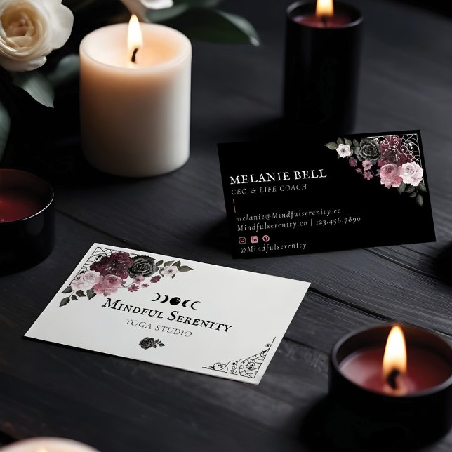 Carte De Visite Aquarelle gothique noire Floral Wellness holistiqu (Black Gothic Watercolor Floral Holistic Wellness Business Card)