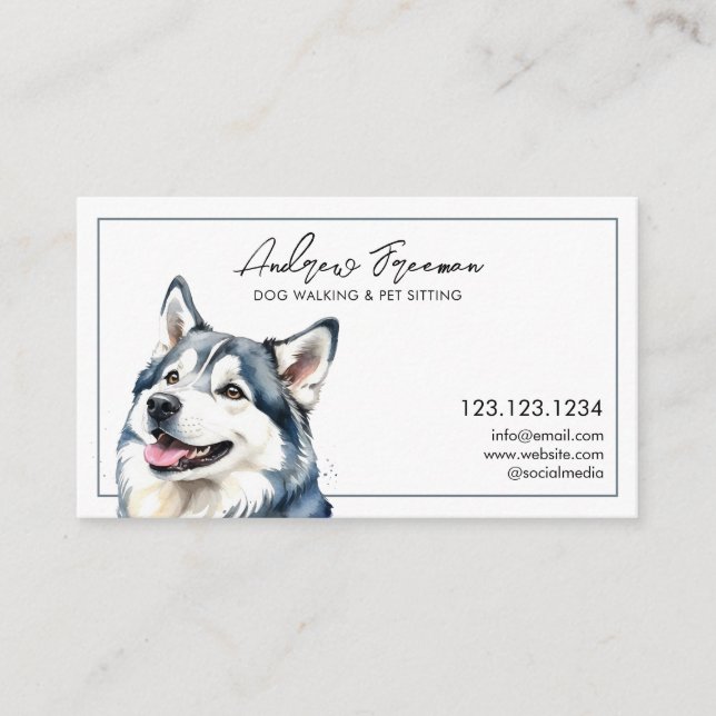 Carte De Visite Aquarelle Gris Husky Chien Marcher (Devant)