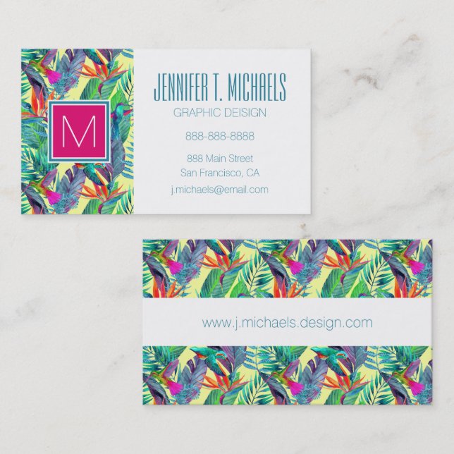 Carte De Visite Aquarelle Humminbirds dans le monogramme de la (Devant / Derrière)