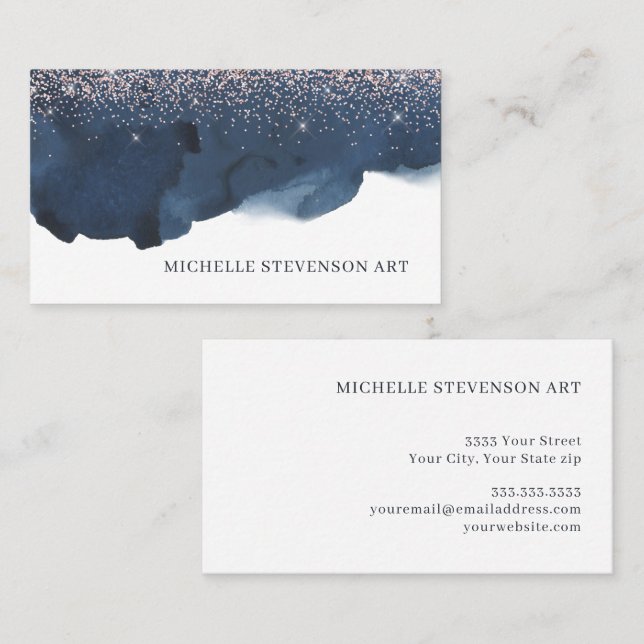 Carte De Visite Aquarelle Indigo Bleu Parties scintillant Abstrait (Devant / Derrière)