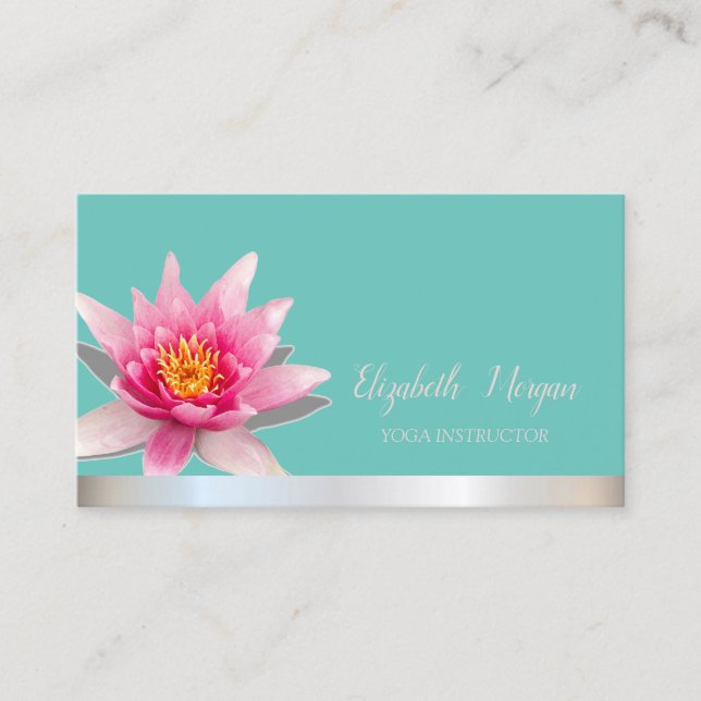 Carte De Visite Aquarelle Lotus Silver Stripe Yoga Turquoise (Devant)
