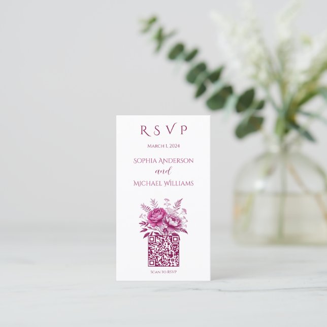 Carte De Visite Aquarelle Magenta Peony-RSVP-QR code- (Debout devant)