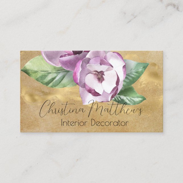 Carte De Visite Aquarelle Magnolia et Or sur Parchemin rustique (Devant)