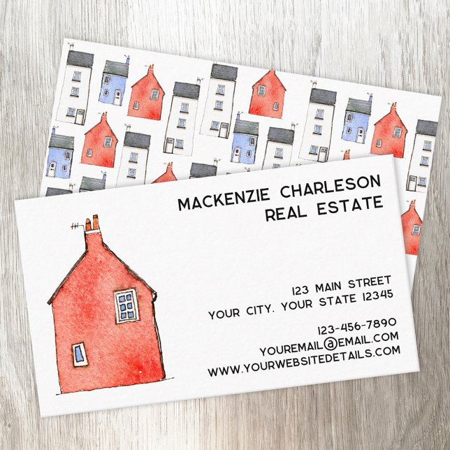 Carte De Visite Aquarelle Maison Art immobilier agent de location (Watercolor house art custom text business card for real estate letting agent building home services)