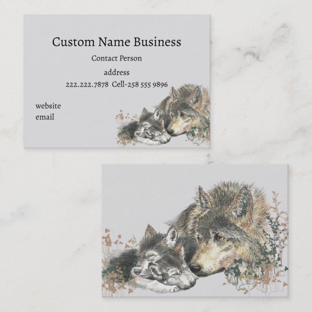 Carte De Visite Aquarelle Mère ou Père Wolf avec Cubs Business (Devant / Derrière)