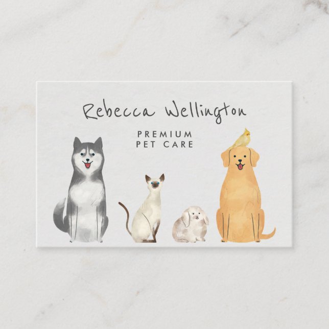 Carte De Visite Aquarelle mignonne Chat Chien Lapin Animaux Sitter (Devant)