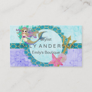 Carte De Visite Aquarelle mignonne de sirène Monogramme Turquoise