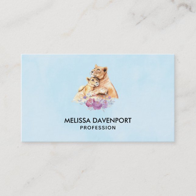 Carte De Visite Aquarelle mignonne Mère Lion & Cub (Devant)