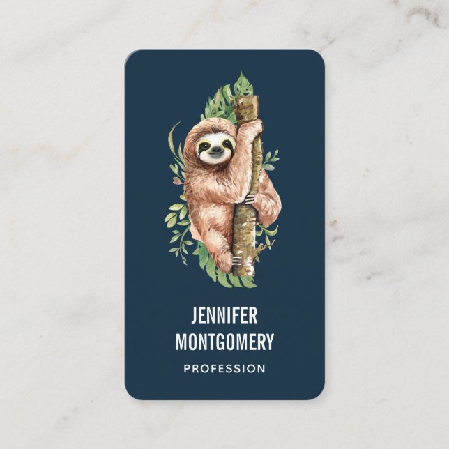 Carte De Visite Aquarelle mignonne Sloth & Feuilles tropicaux (Devant)