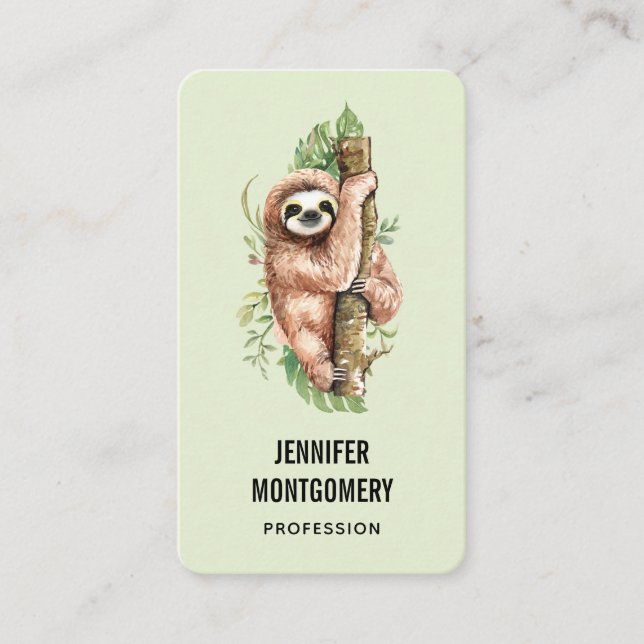 Carte De Visite Aquarelle mignonne Sloth & Feuilles tropicaux (Devant)