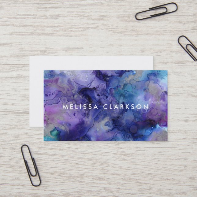 Carte De Visite Aquarelle moderne bleu pourpre éclaboussure (Devant/Arrière en situation)