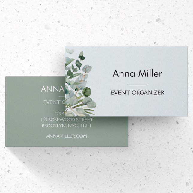 Carte De Visite Aquarelle moderne de luxe Eucalyptus Floral (Front and Back Side)