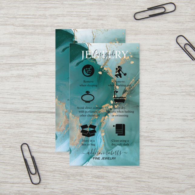 Carte De Visite Aquarelle moderne Elégante Soins de bijoux Turquoi (Devant/Arrière en situation)