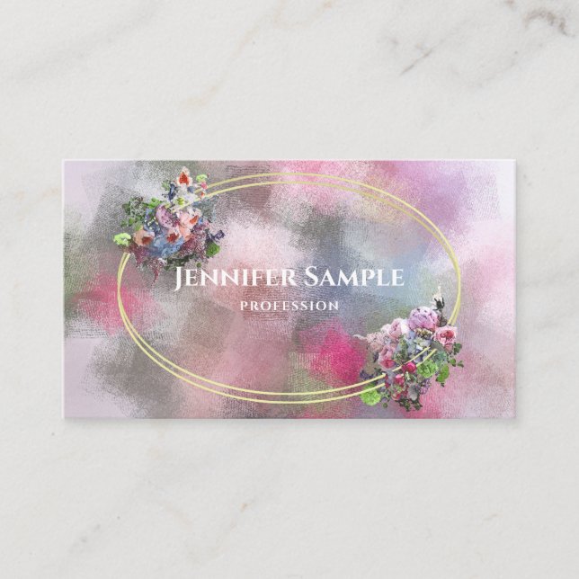 Carte De Visite Aquarelle moderne Fleurs Abstraites Cadre Or Chic (Devant)