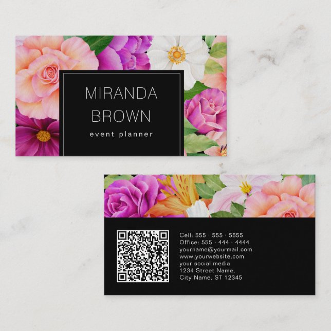 Carte De Visite Aquarelle moderne Floral violet rose noir QR Code (Devant / Derrière)
