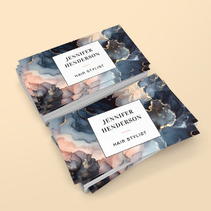 Carte De Visite Aquarelle moderne Marbre bleu or rose Script