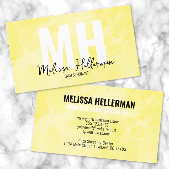Carte De Visite Aquarelle moderne Monogramme jaune (Modern Watercolor Yellow Monogram Business Card)