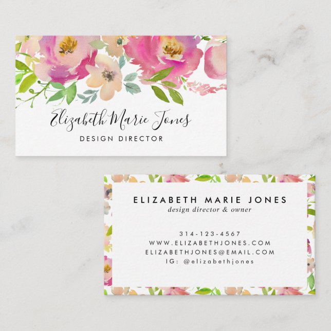 Carte De Visite Aquarelle moderne rose vif Professional Floral (Devant / Derrière)
