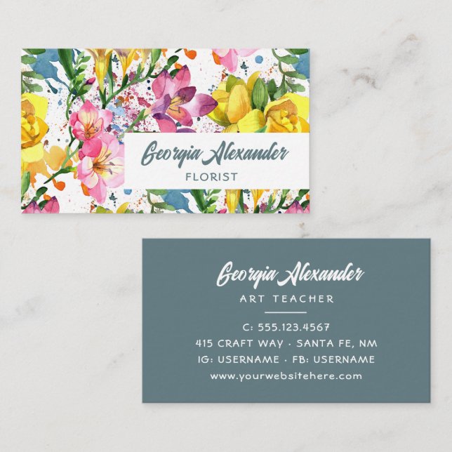 Carte De Visite Aquarelle moderne tendance Artiste Floral Floriste (Devant / Derrière)