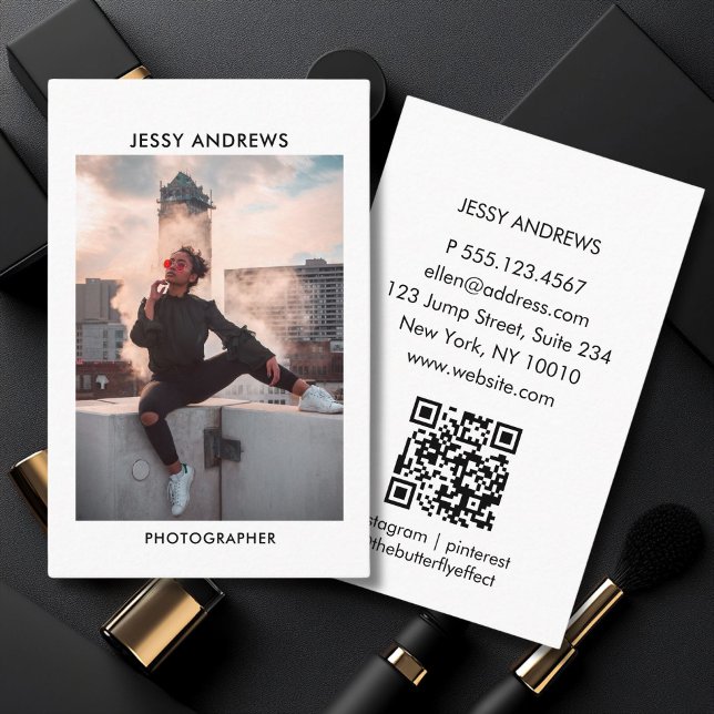 Carte De Visite Aquarelle moderne tendance Photo QR Code (Modern Trendy Watercolor Photo QR Code Business Card)