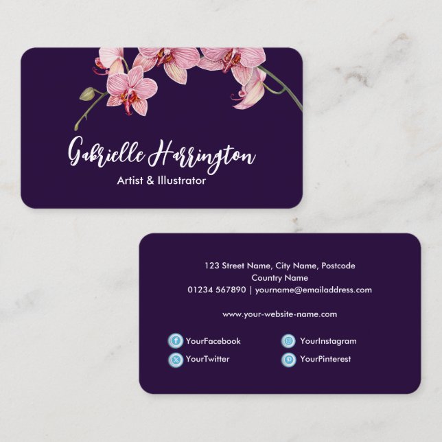 Carte De Visite Aquarelle Moth rose Orchidées Médias sociaux (Devant / Derrière)
