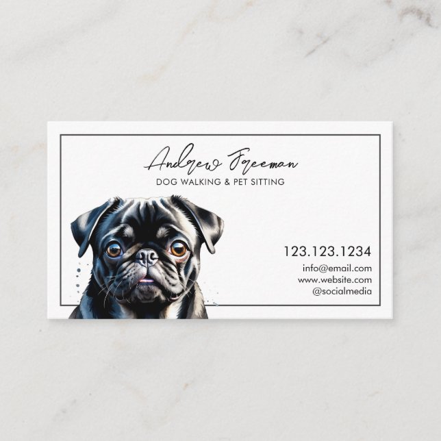 Carte De Visite Aquarelle noir Carlin chien marche (Devant)