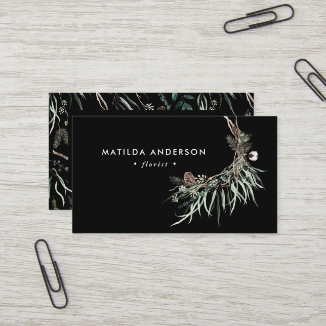 Carte De Visite Aquarelle noire maudite fleuriste élégant (Devant/Arrière en situation)