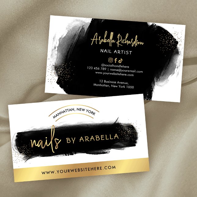 Carte De Visite Aquarelle noire Parties scintillant or Manucure Ar (Black watercolor and faux gold nail tech business cards design)
