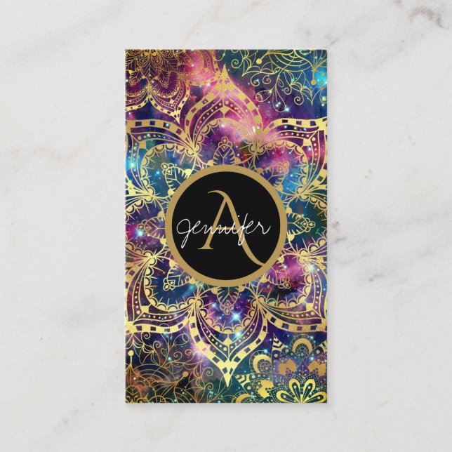 Carte De Visite Aquarelle or et mandala floral nébuleuse (Devant)