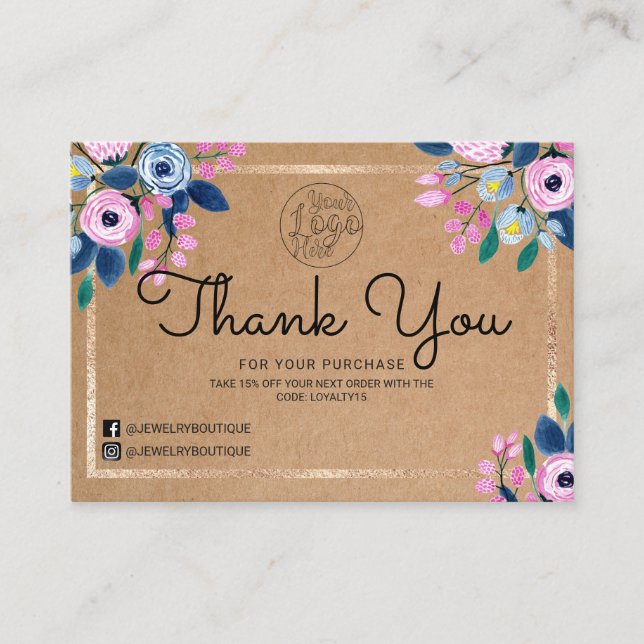 Carte De Visite Aquarelle or rose Floral Merci client (Devant)