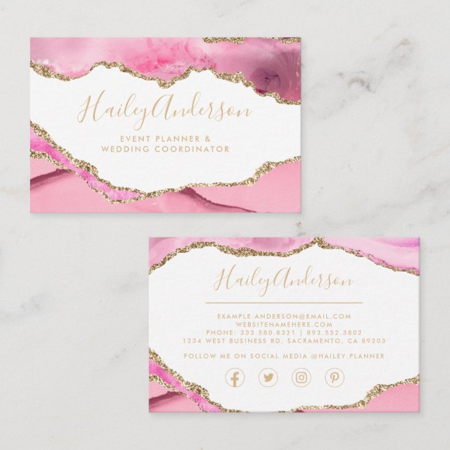 Carte De Visite Aquarelle Parties scintillant rose et or Aquarelle (Devant / Derrière)