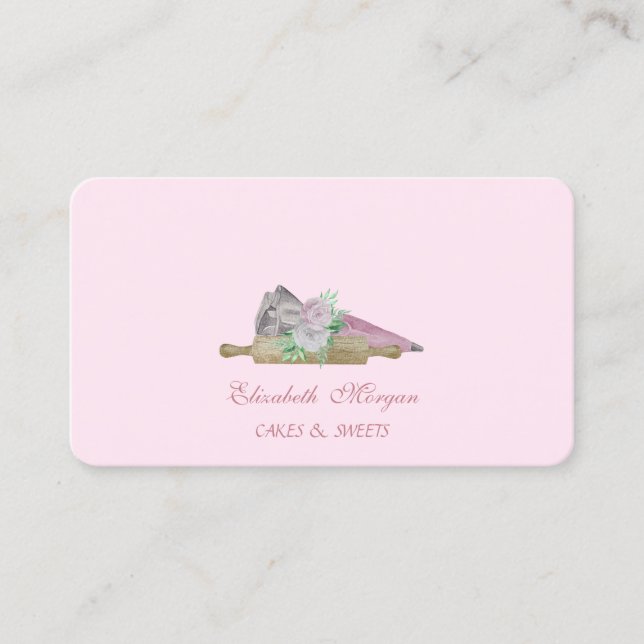 Carte De Visite Aquarelle Pâtisserie Outils main Rouleau Pin Fleur (Devant)