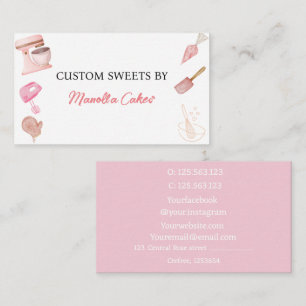 Carte De Visite Aquarelle pâtisserie rose cuisine ustensiles boula