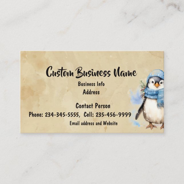 Carte De Visite Aquarelle personnalisée Cute Pingouin Hiver Congél (Devant)