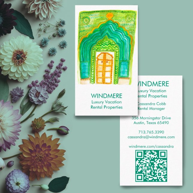 Carte De Visite Aquarelle porte agent immobilier Realtor QR CODE (Cute watercolor door unique real estate business card design. Customize with QR code)