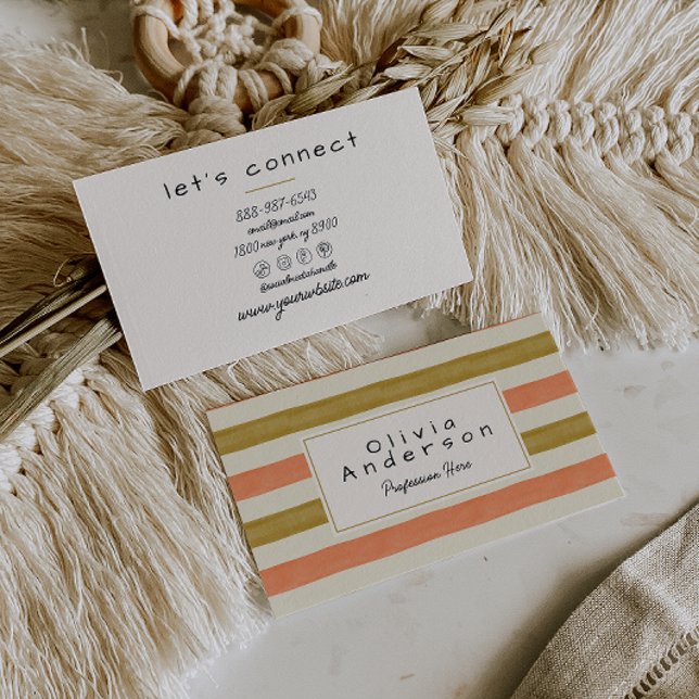 Carte De Visite Aquarelle rétro Rouge Vert rayures Boho tendance (Créateur téléchargé)